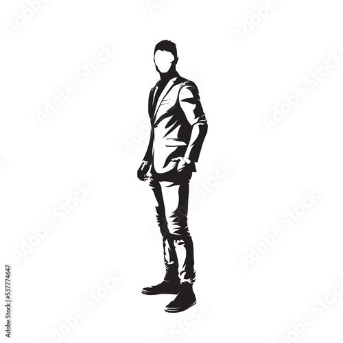 Businessman standing in suit, side view, isolated vector silhouette