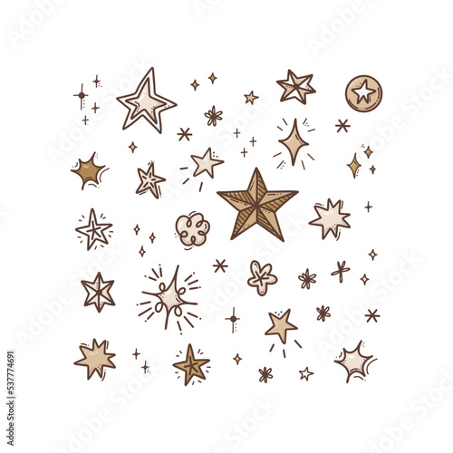 Collection of hand drawn stars and snowflakes illustrations. Winter holidays design elements. Doodle vector drawing  isolated on white background.