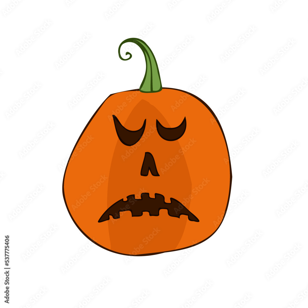 Fototapeta premium Halloween 2022 - October 31. A traditional holiday, the eve of All Saints Day, All Hallows Eve. Trick or treat. Vector illustration in hand-drawn doodle style. Pumpkin with its eyes and mouth cut out.