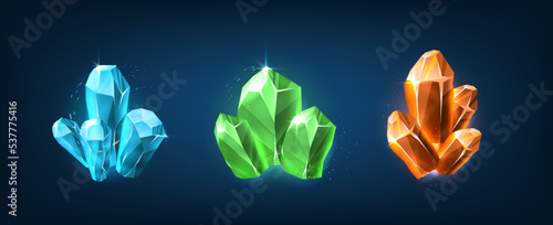 Vector icon illustration. Crystals and gemstones, precious stones, colorful ruby, qartz, emeralds.