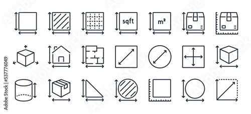 Dimension, area and perimeter measure concept editable stroke outline icons set isolated on white background flat vector illustration. Pixel perfect. 64 x 64. photo