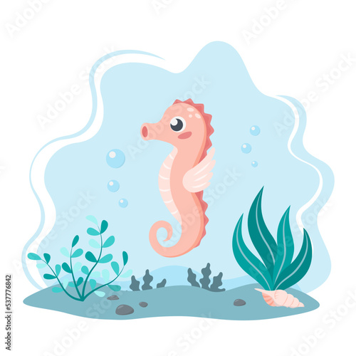 Cute cartoon seahorse on the seabed with bubbles, seaweed and shell. Element for summer design. Isolated on white background. Flat vector illustration