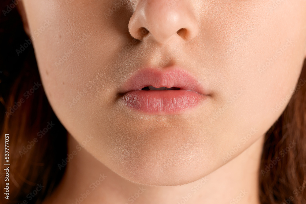 Cropped image of plump female lips. Nude makeup. Smooth skin. Cosmetological face care Cropped image of plump female lips. Nude makeup. Smooth skin. Cosmetological face care