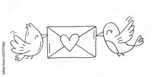 Set of cute hand-drawn doodle elements about love. Message stickers for apps. Icons for Valentines Day, romantic events and wedding. Lovebirds with an envelope with hearts and a love letter.