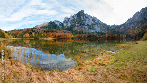 beautiful lake Laudachsee, moor landscape at Grunberg mountain, view to Katzenstein, autumnal scenery austria
