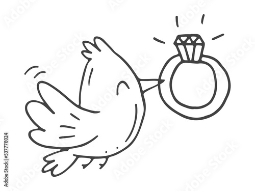 Set of cute hand-drawn doodle elements about love. Message stickers for apps. Icons for Valentines Day, romantic events and wedding. Bird in love with a diamond ring.