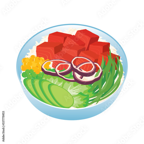 Poke Bowl with tuna cubes and vegetables icon vector. Tuna poke bowl with rice, avocado, onion, lettuce and seaweed design element isolated on a white background