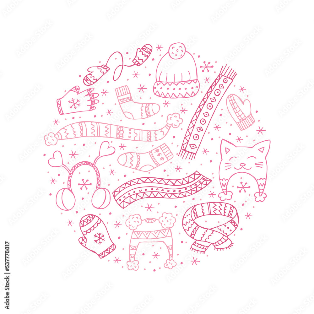 A set of hand-drawn winter clothing. Vector illustration in doodle style. Winter mood. Hello 2023. Merry Christmas and Happy New Year. Pink elements in the shape of a circle on a white background. A set of hand-drawn winter clothing. Vector illustration in doodle style. Winter mood. Hello 2023. Merry Christmas and Happy New Year. Pink elements in the shape of a circle on a white background.