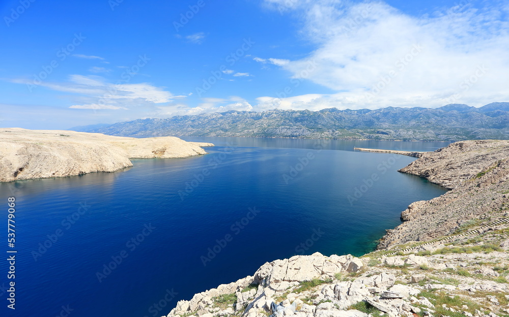 Pag island, Adriatic sea and mountain Velebit in background, Croatia