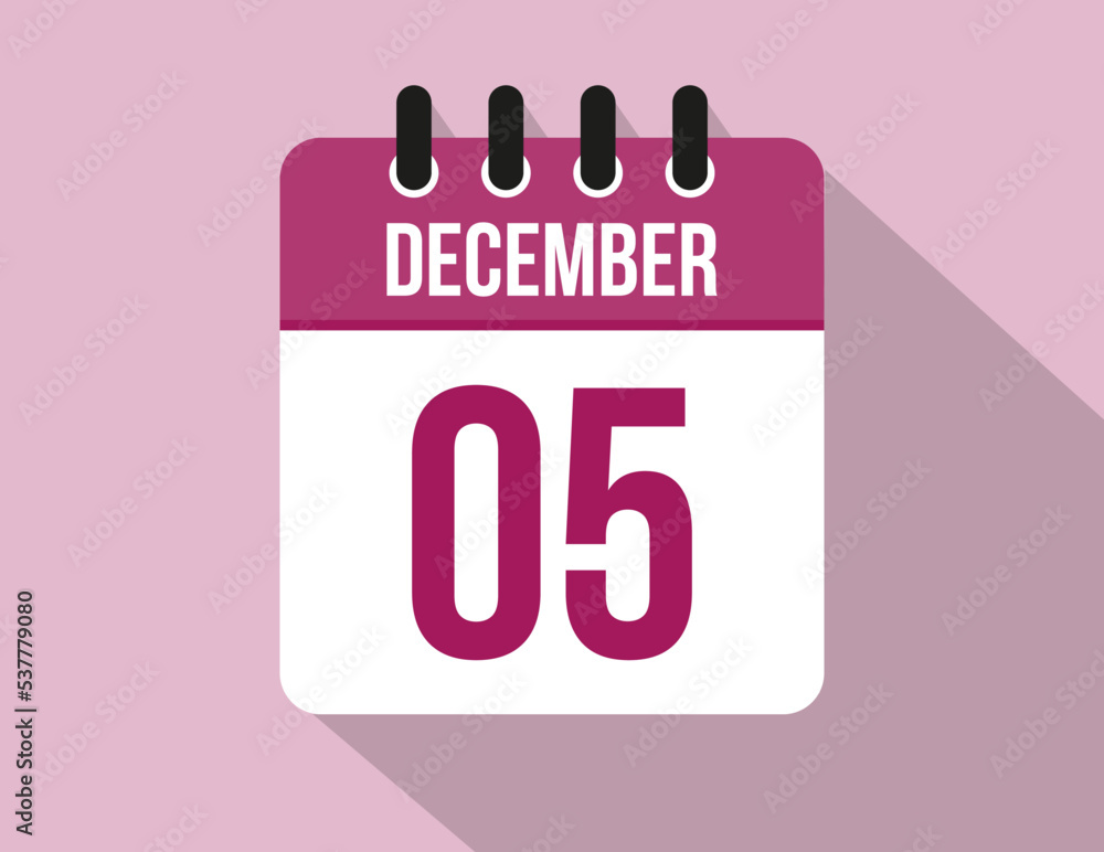5 day December calendar. Calendar vector for December in pink color on light background 5 day December calendar. Calendar vector for December in pink color on light background