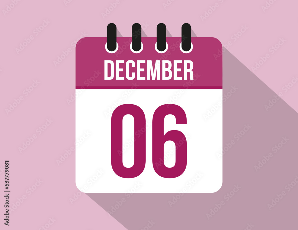 6 day December calendar. Calendar vector for December in pink color on light background 6 day December calendar. Calendar vector for December in pink color on light background