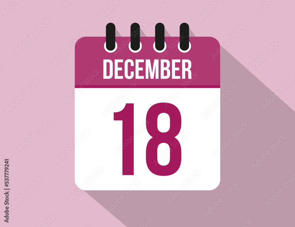 18 day December calendar. Calendar vector for December in pink color on light background 18 day December calendar. Calendar vector for December in pink color on light background