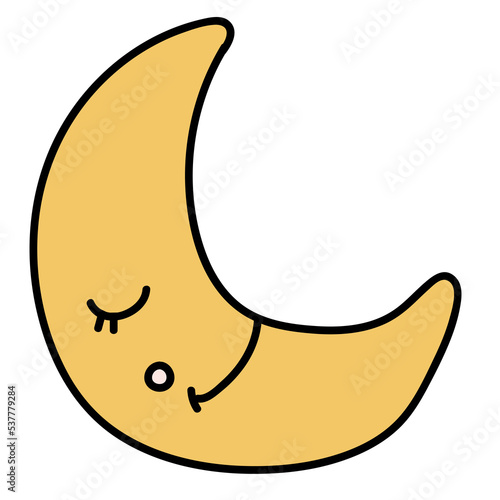 Minimal scandinavian doodle smiling half moon isolated on transparent background. Nordic doodle in folklore style