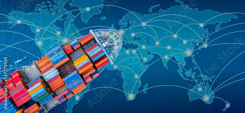 Global business import export logistic and transportation by container cargo ship, Top view container ship with world planet map, Container ship cargo freight shipping delivery network worldwide.