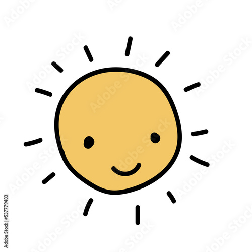 Minimal scandinavian doodle sun with smile isolated on transparent background. Nordic doodle in folklore style