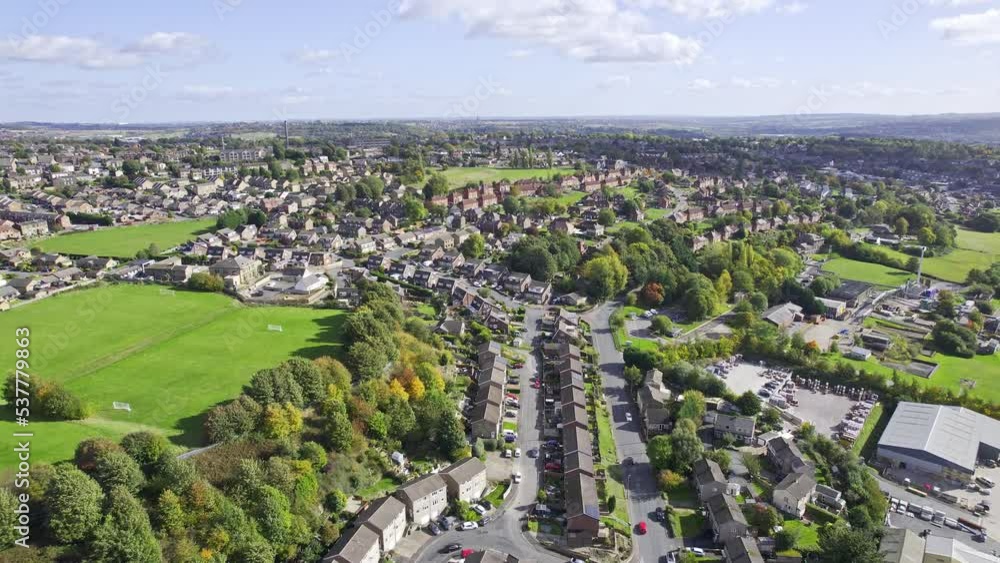 Aerial panoramic view of residential houses in urban neighbourhood. Housing estate in town. Yorkshire, UK. Aerial panoramic view of residential houses in urban neighbourhood. Housing estate in town. Yorkshire, UK.