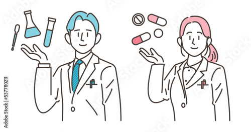 Vector illustration of a smiling male and female pharmacist. They are carrying medicines and dispensing tools in their palms.