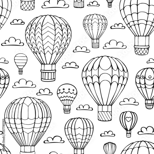 Seamless pattern hot air balloon and cloud. Hand drawn outline doodle. Vector illustration.