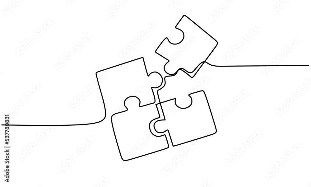 Continuous one line drawing of jigsaws on white background. Puzzle game