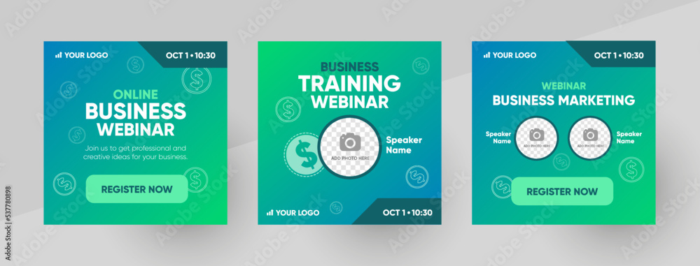 Business marketing training webinar social media post template. Background and illustration for social media banner design with a place for a picture in vector. 
