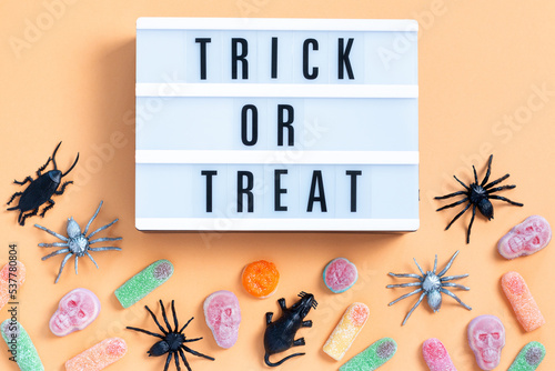 Halloween sweet background frame with scary pumpkin cookies, candy and Halloween decor with trick or treat quote
