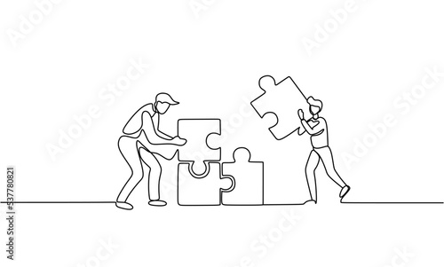 One continuous line drawing of two young businessmen push puzzle pieces to unite them as sign to start business collaboration. Modern unity teamwork concept single line draw design vector illustration