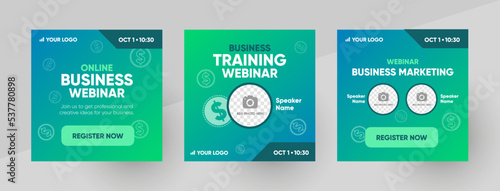 Business marketing training webinar social media post template. Background and illustration for social media banner design with a place for a picture in vector. 