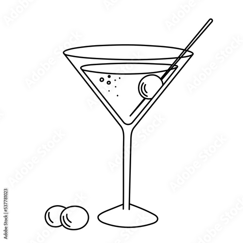 Drink, alcoholic cocktail, festive beverage for holiday celebrating. Use for decorating design menu. Hand-drawn doodle style. Editable stroke. Isolated. Vector illustration