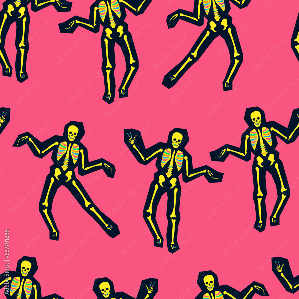 Obraz premium Seamless vector pattern with dancing skeletons, vibrant colors