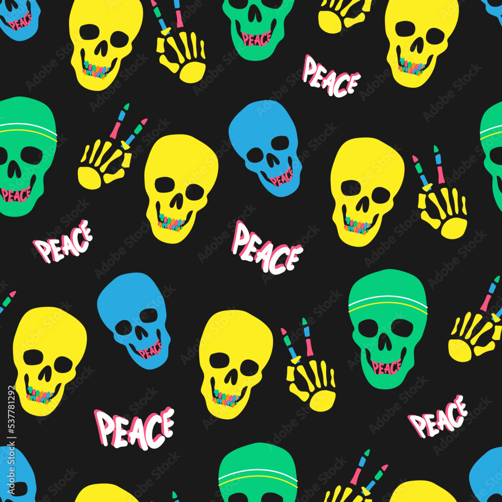 Seamless vector pattern with funny skulls and peace sign Seamless vector pattern with funny skulls and peace sign