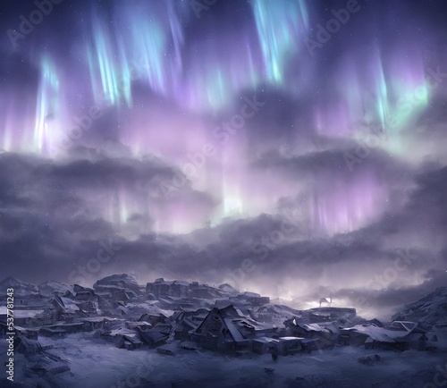  digital art painting of a legendary mythical city in tundra at night, Aurora Borealis, 3d render, Northern lights photo