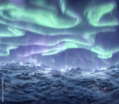  digital art painting of a legendary mythical city in tundra at night, Aurora Borealis, 3d render, Northern lights © Alena