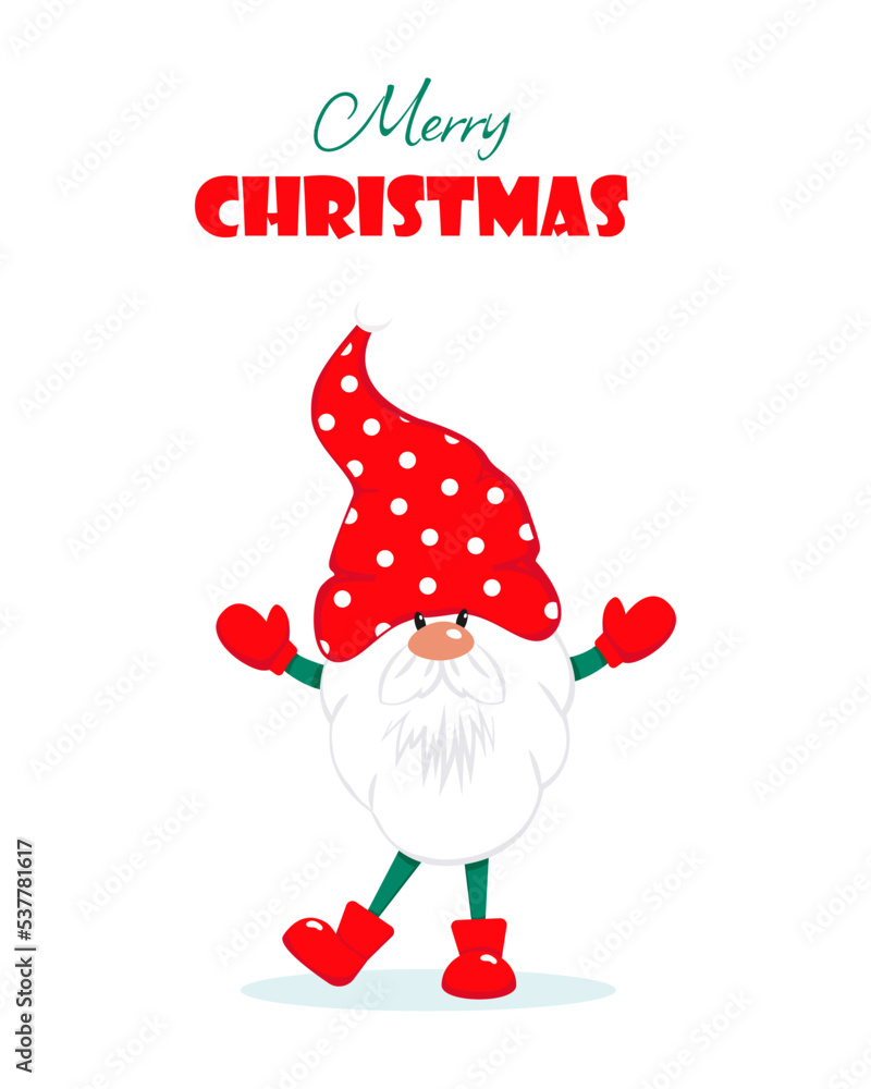 Christmas greeting card with a cute bearded gnome. Winter holiday character. Vector illustration in flat style. Merry Christmas. Christmas greeting card with a cute bearded gnome. Winter holiday character. Vector illustration in flat style. Merry Christmas.