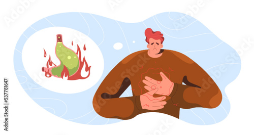 Flat unhappy man with stomachache. Sick character suffering from heartburn in stomach, abdomen pain or digestive disorders. Heartburn, gastrointestinal diseases, acid reflux or gastritis concept.