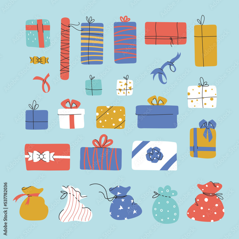 Seamless vector pattern with hand-drawn giftboxes, surprise bags and presents for party designs and packaging Seamless vector pattern with hand-drawn giftboxes, surprise bags and presents for party designs and packaging