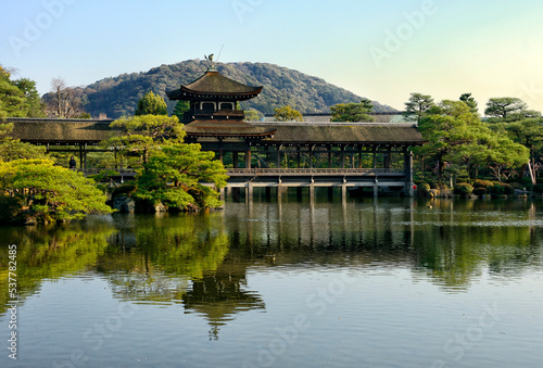 Heian Shrine - Heian Jingu - Shinto shrine located in Sakyō-ku, Kyoto, Japan, here covered wooden bridge in gardens around Shrine