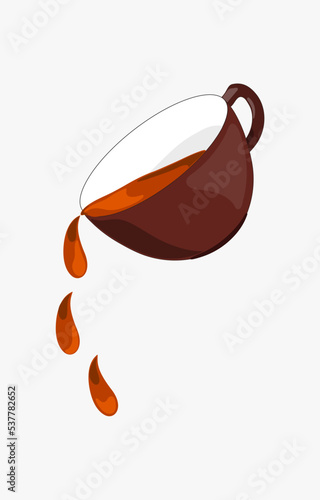 A cup with a drop of tea or coffee in the speaker. Tea and cups are being poured. realistic vector illustration isolated on a white background.