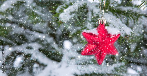 Red star on snow covered pine branch .Christmas background.