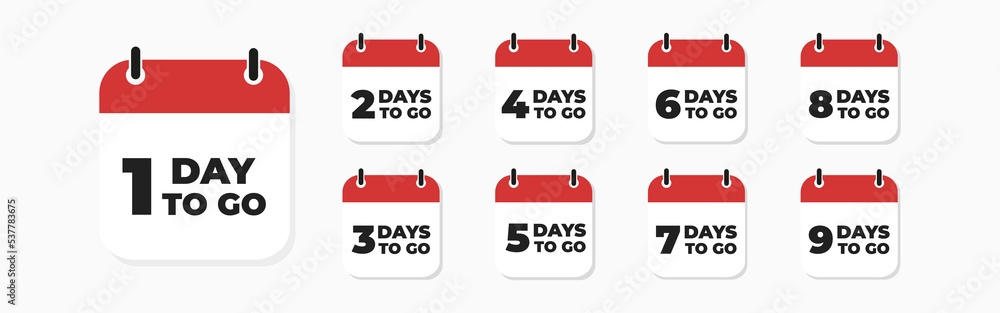Days to go . Countdown left days calendar .Collection calendars with number of count down time.Number 1, 2, 3, 4 5 6 7 8 9 10 of days left to go. Vector icon . 1o eps Days to go . Countdown left days calendar .Collection calendars with number of count down time.Number 1, 2, 3, 4 5 6 7 8 9 10 of days left to go. Vector icon . 1o eps