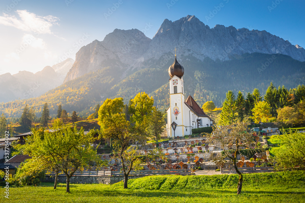 Church St Johannes, Wetterstein, Waxenstein and Zugspitze at sunrise, Grainau