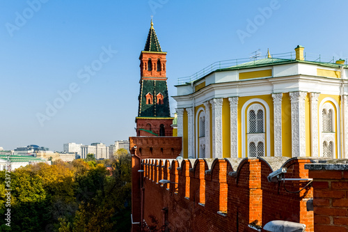 Old Kremlin wall and towers on Red Square in Moscow  Russia