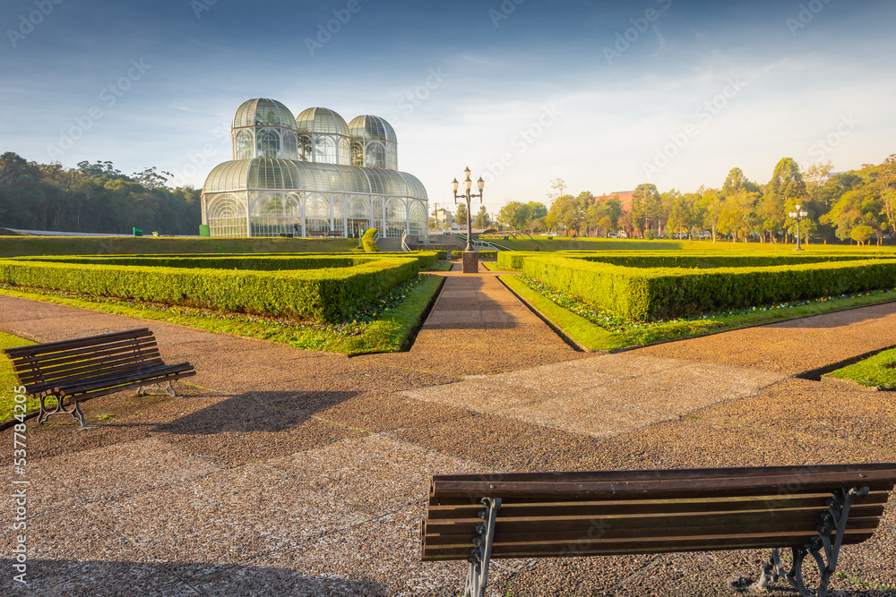 Public park around Botanical garden greenhouse in Curitiba, Parana, Brazil