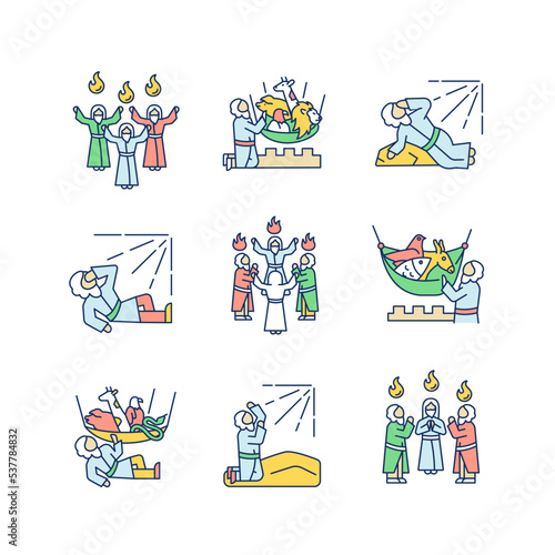 Bible narratives RGB color icons set. Legends from Old and New Testament. Religious stories. Early christians. Isolated vector illustrations. Simple filled line drawings collection. Editable stroke