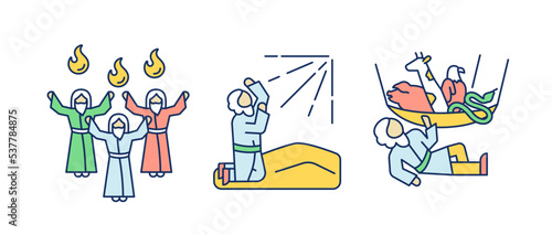 Biblical stories RGB color icons set. Early christians. Religious legends. Christianity narratives. Isolated vector illustrations. Simple filled line drawings collection. Editable stroke