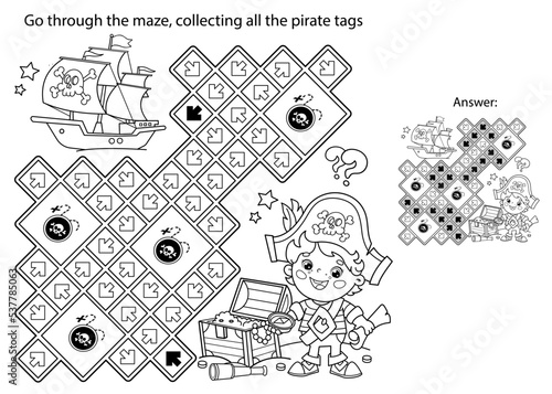 Maze or Labyrinth Game. Puzzle. Coloring Page Outline Of Cartoon pirate with chest of treasure. Pirate ship. Coloring Book for kids.
