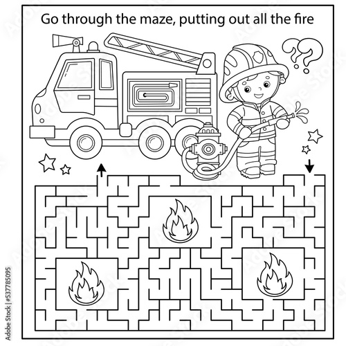 Maze or Labyrinth Game. Puzzle. Coloring Page Outline Of cartoon fireman or firefighter with fire truck. Fire fighting. Coloring book for kids.