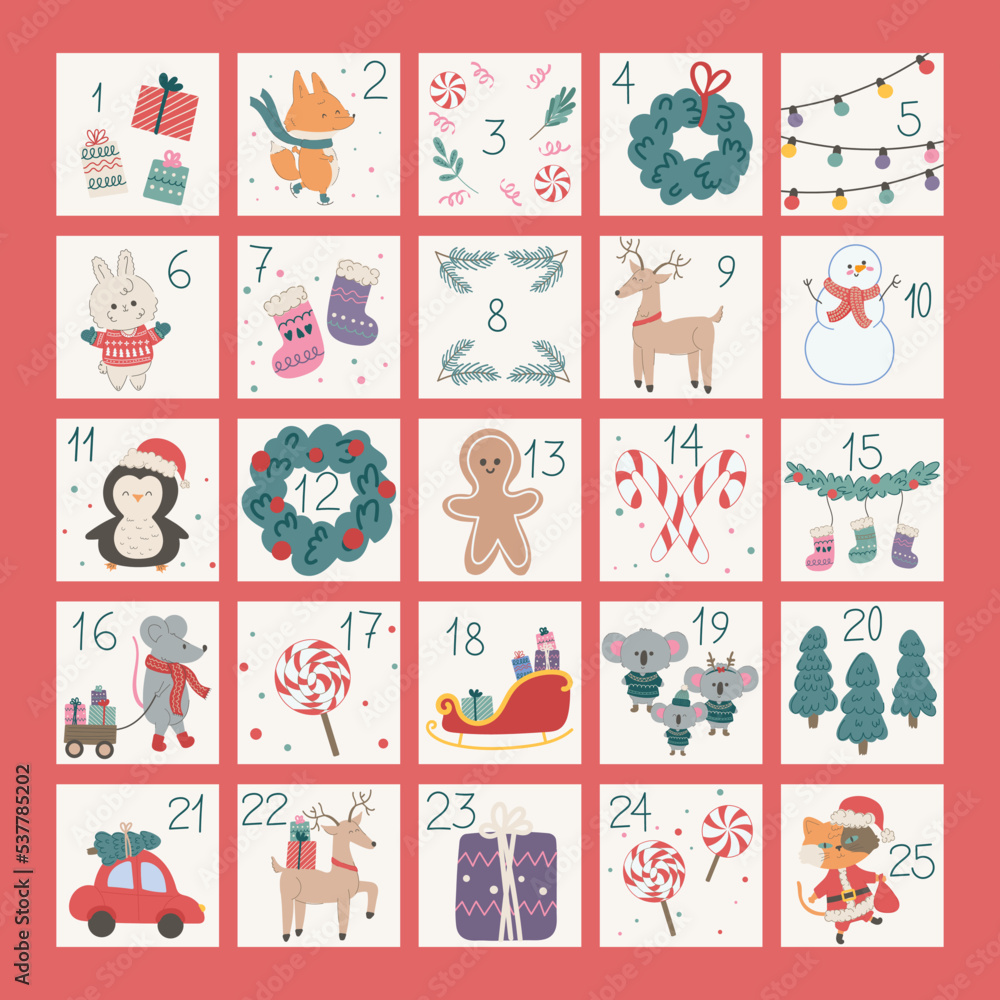 Christmas advent calendar with cute animals and traditional symbols. Vector illustration with winter elements.