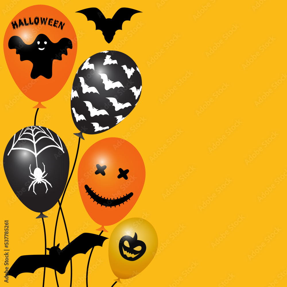 A square Halloween template on a yellow background with realistic balloons depicting a spider on a web, a ghost, a bat, a pumpkin