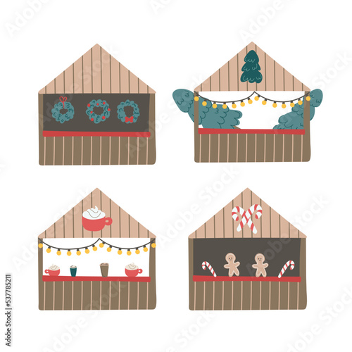 Vector illustration isolated on white background set of Christmas market tent and stalls kiosk decorated with Christmas decor.Christmas fair market stand with hot drinks, sweets and wreaths.