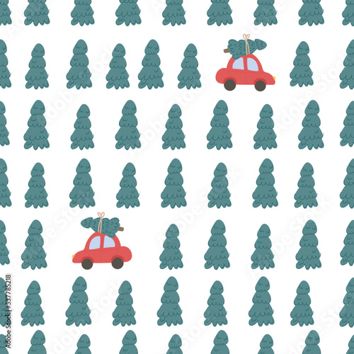 Seamless pattern with red car and Christmas trees.Pattern with Christmas and winter concept..